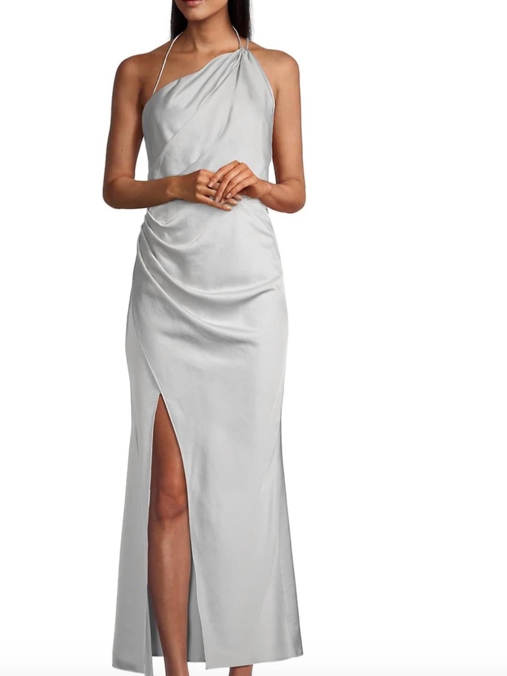 NWT Significant Other Silver Satin Halter Gown with Front Slit $276